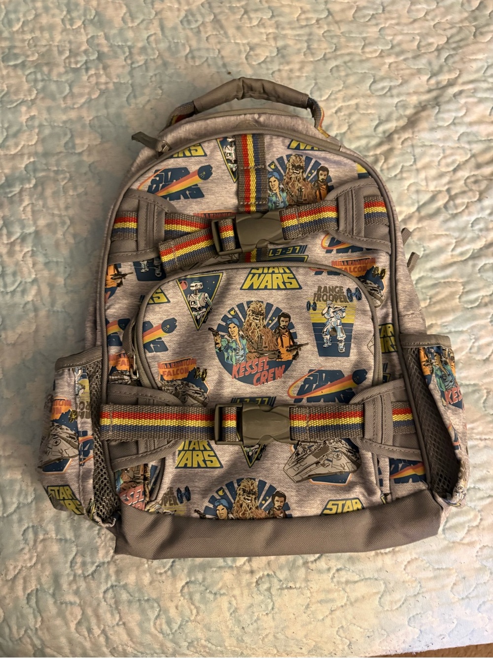 Pottery Barn Kids Gray Star Wars Montage Backpack with Rainbow Straps